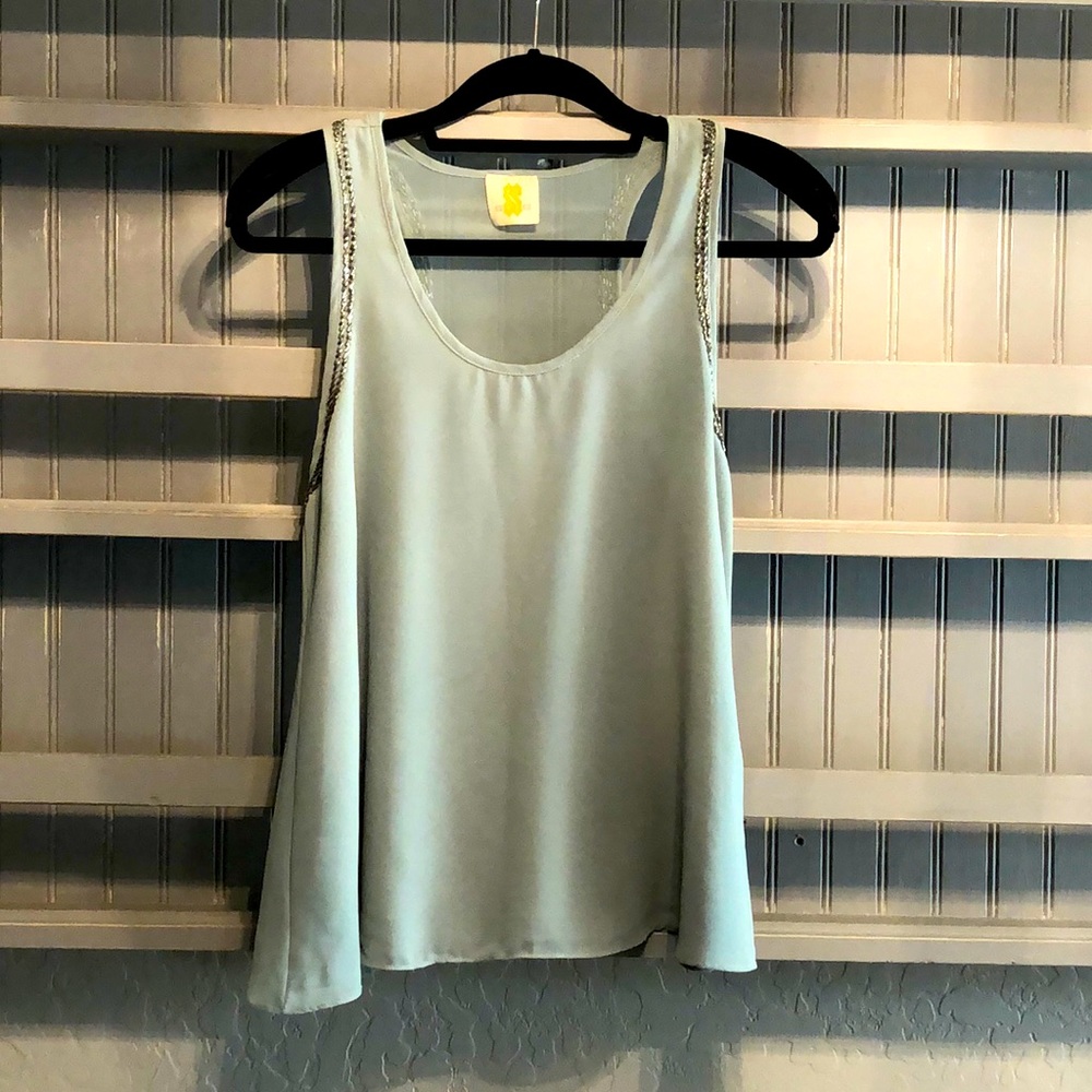 Mint Sheer Back Blouse w Beaded Trim